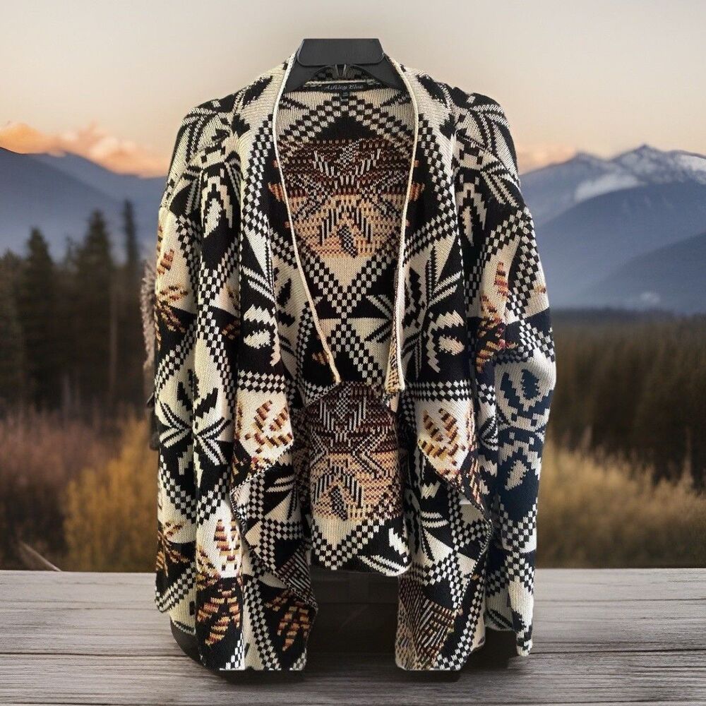 Womens ashley blue aztec Boho 1x cardigan Long Sleeve Open Front Artsy Boho